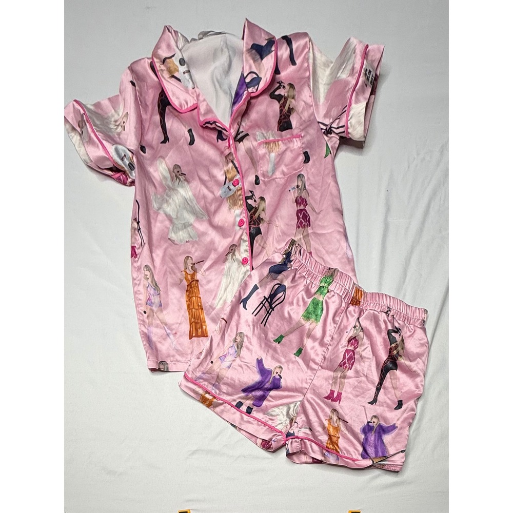 Sheshow Taylor Swift Eras Tour Satin Pajama Set Pink Short Sleeve Medium T8